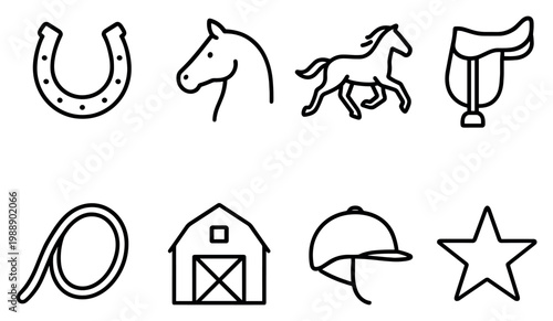 Equestrian icons with horse barn saddle outline