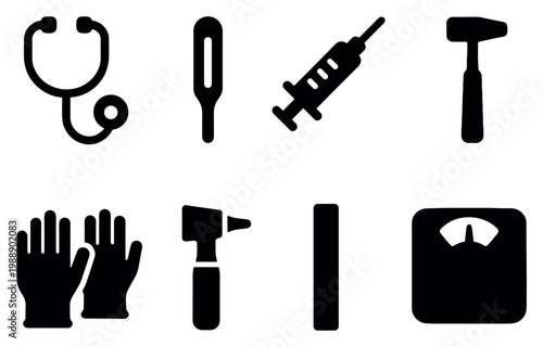 Medical icons with stethoscope syringe hammer minimal