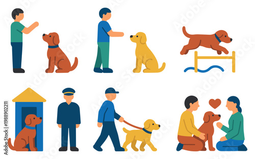 Pet training icons with dog leash trainer colorful flat