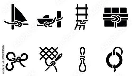 Nautical icons with knot boat ladder flat