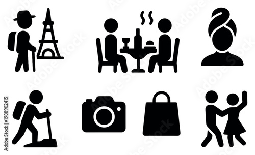 Travel icons with tower camera people solid