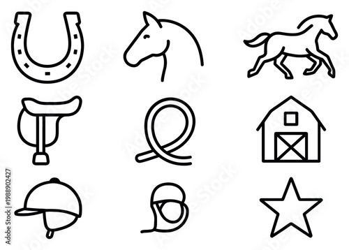 Equestrian icons with horse saddle helmet outline style