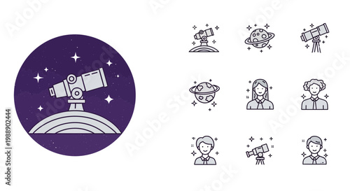 Astronomy and Space Exploration Icon Set with Telescope and People