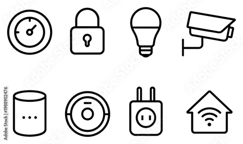 Smart home icons with camera bulb plug outline