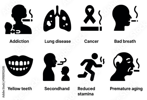 Health icons with smoker lungs ribbon silhouette