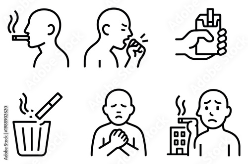 Health icons with smoker cigarette cough outline