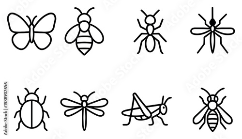 Insect icons with butterfly bee ant outline