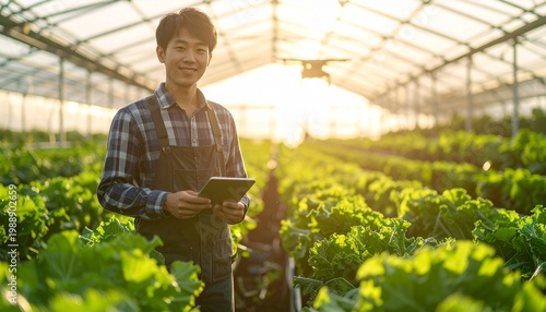 Young Japanese farmer with tablet in sunny greenhouse smart agriculture precision farming