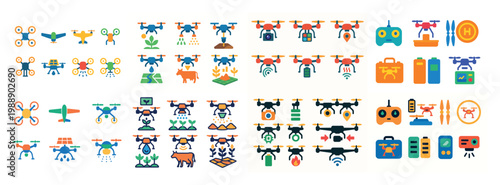 Colorful drone icons collection with various purposes