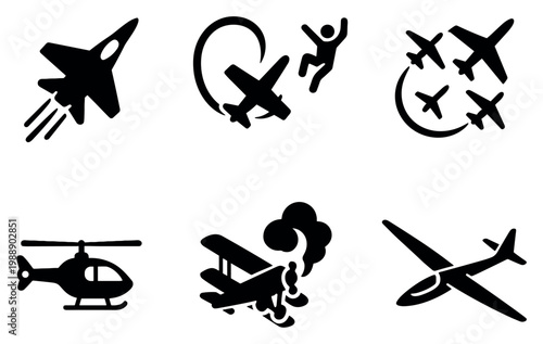 Aviation icons with jet helicopter biplane flat