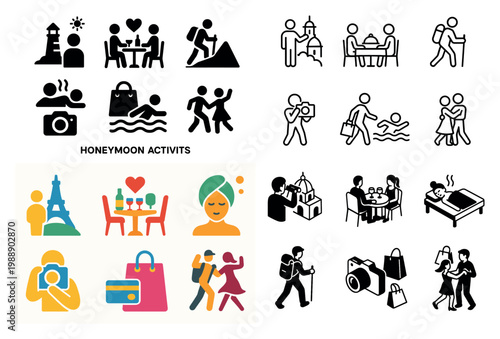 Honeymoon activities icons and illustrations