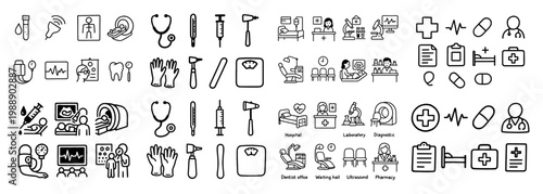 Medical icons set: tools, people, facilities
