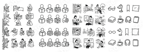 Diverse people engaging in reading activities