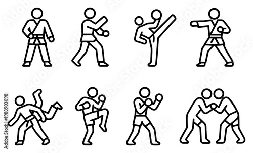 Martial arts icons with kick punch grapple outline minimal