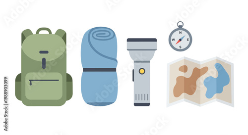 Camping and Hiking Equipment Essentials Flat Icons Set. EPS Editable. Vector Illustrations.