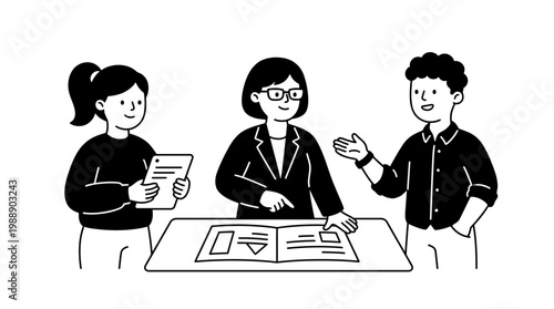 Business team collaborating and brainstorming over a document in a meeting room hand drawn illustration. EPS Editable. Vector Illustrations.