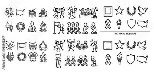 Black and white national holiday icons collection
