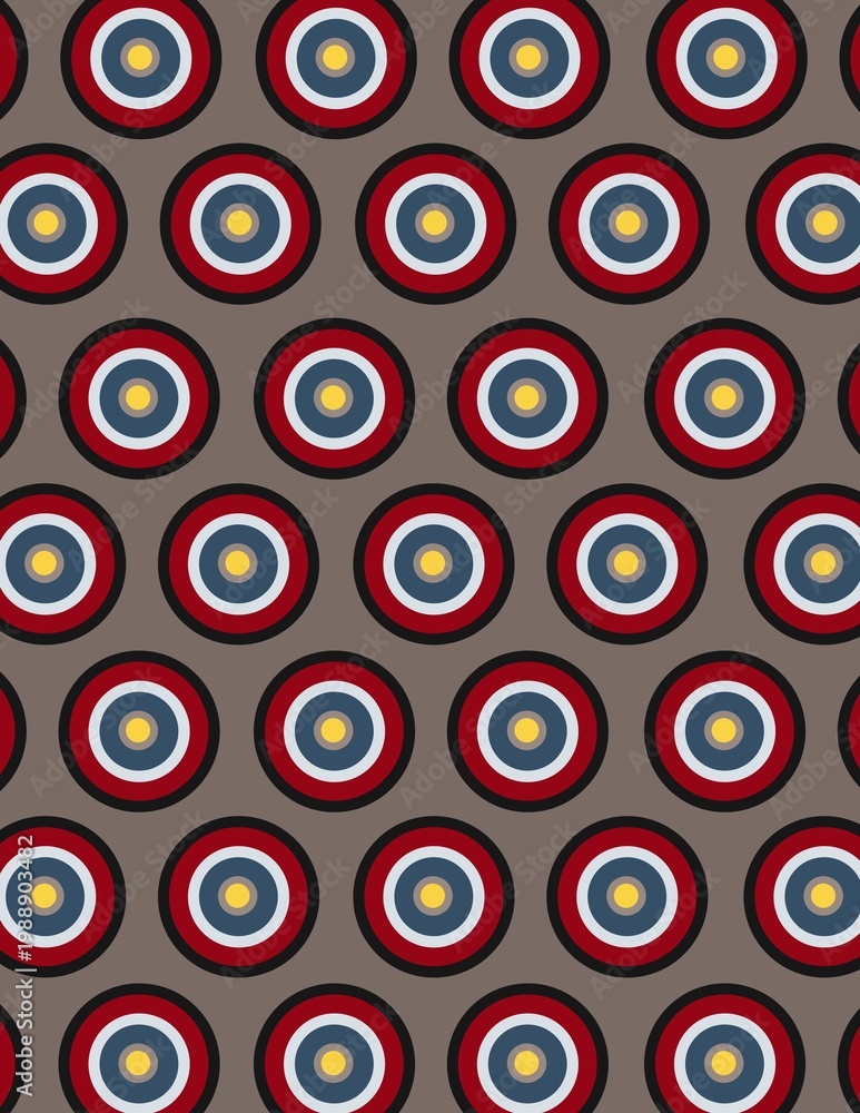 Fototapeta premium Retro concentric circle pattern with red, blue, yellow and gray tones on neutral background, stylish seamless design ideal for wallpapers, fabric, and branding.