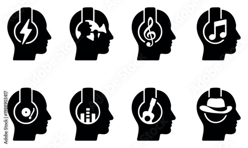 Music icons with head treble clef guitar silhouette