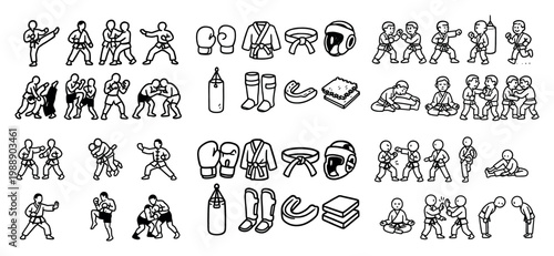Martial arts icons: karate and boxing equipment