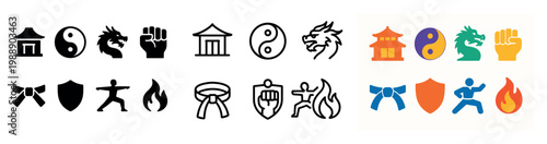 Martial arts icons: dragons, symbols, and shields