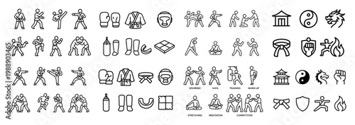 Martial arts icons set with various symbols