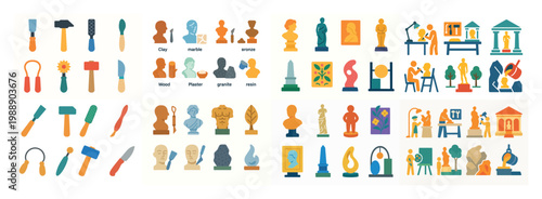 Art tools and sculptures in vivid colors