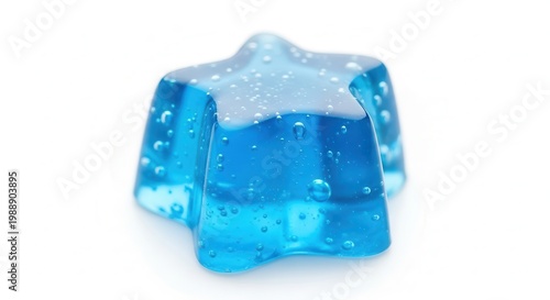 Vibrant blue star-shaped jelly treat sparkling with tiny encapsulated air bubbles on white surface