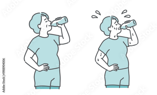 水分補給をするぽっちゃりシニア女性の比較セットイラスト