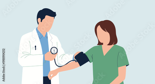Doctor measuring patient's blood pressure with sphygmomanometer in medical office