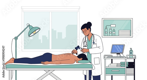 Doctor performing acupuncture on patient's back in a modern clinic examination room