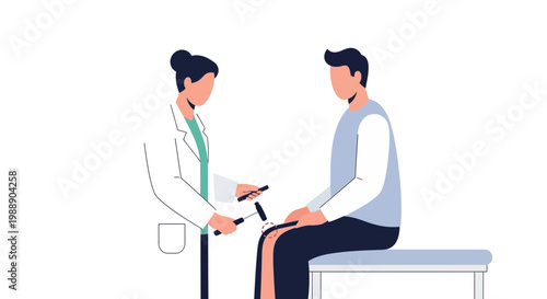 Doctor performs reflex test on patient's knee with reflex hammer in clinic
