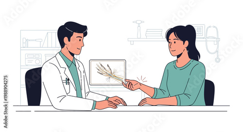 Doctor showing hand x-ray to patient, medical consultation, healthcare concept