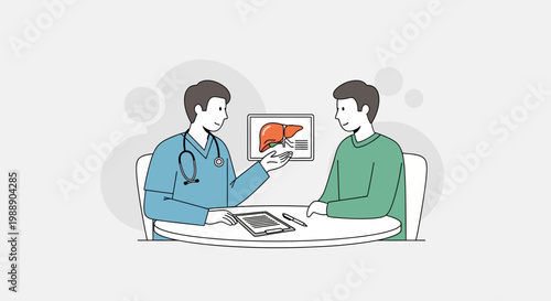 Doctor showing liver scan to patient, medical consultation, healthcare concept