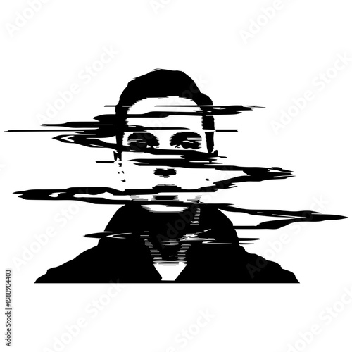 Bild auf Leinwand Glitch portrait of a person in black and white, distorted digital effect