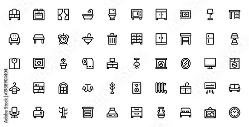 Furniture icon set. Vector collection of home and office items including sofa, bed, table, wardrobe, appliances and more. Minimal outline style.