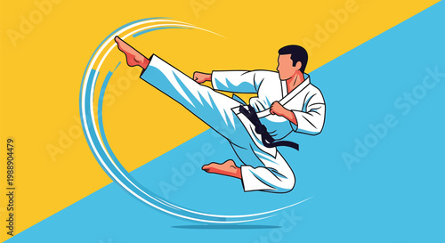 Martial arts, karate, vector illustration, kicking man, sports graphics