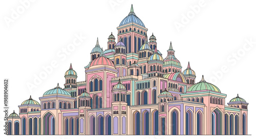 Large Pink Building With Green Domes.