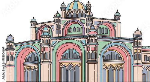 Colorful illustration of building facade.