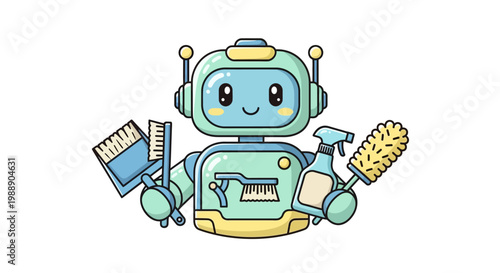 Cute robot holding cleaning tools.