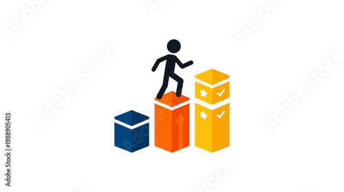Conceptual depiction of a person climbing steps towards success and achievement.