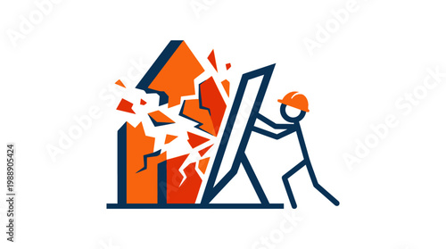 Construction worker demolishing a building with a large wrecking bar, breaking it down.