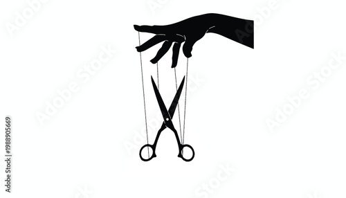 Silhouette of a hand controlling scissors like a puppet with black and white scissors manipulation abstract metaphor decision management