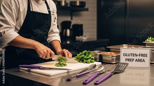 Chef preparing gluten-free food in a professional kitchen, chopping vegetables