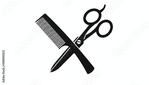 Stylized black silhouette of scissors crossed with a comb on a white background hair stylist hair styling beauty salon hair care personal care