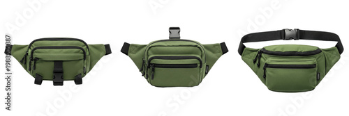 Fényképezés Set of Green Tactical Fanny Pack Waist Bag Isolated on White Background, PNG