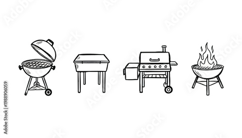 Collection of barbecue grills in sketch style with barbecue grilling illustration collection equipment appliance appetizing backyard charcoal