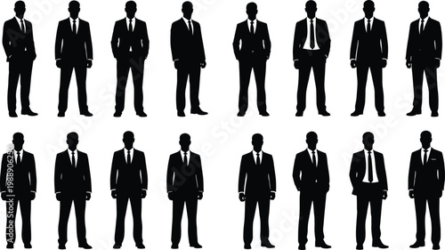 Business suit silhouettes, professional figures, corporate attire, standing posture, formal clothing, office icons, organizational resource, vector illustration, design asset, identity concept