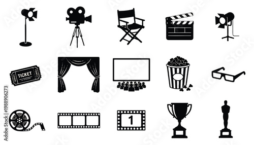 Collection of hand-drawn cinema and movie icons with film strip black and white collection illustration entertainment hollywood projector