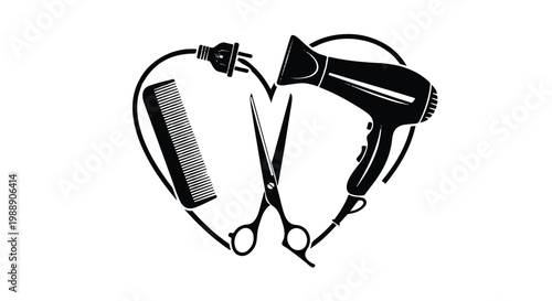 Heart shape with hairdressing tools: scissors comb hair dryer black and white beauty salon hair care personal care hairdresser scissors grooming